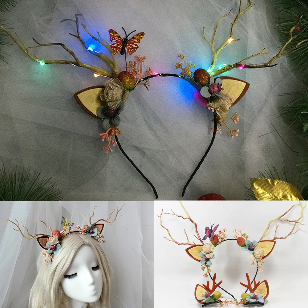 Diadema LED astas de reno para mujer, diadema con orejas de ciervo, corona iluminada, pinza para el pelo, diadema para fiesta, de joyería de boda, del pelo de