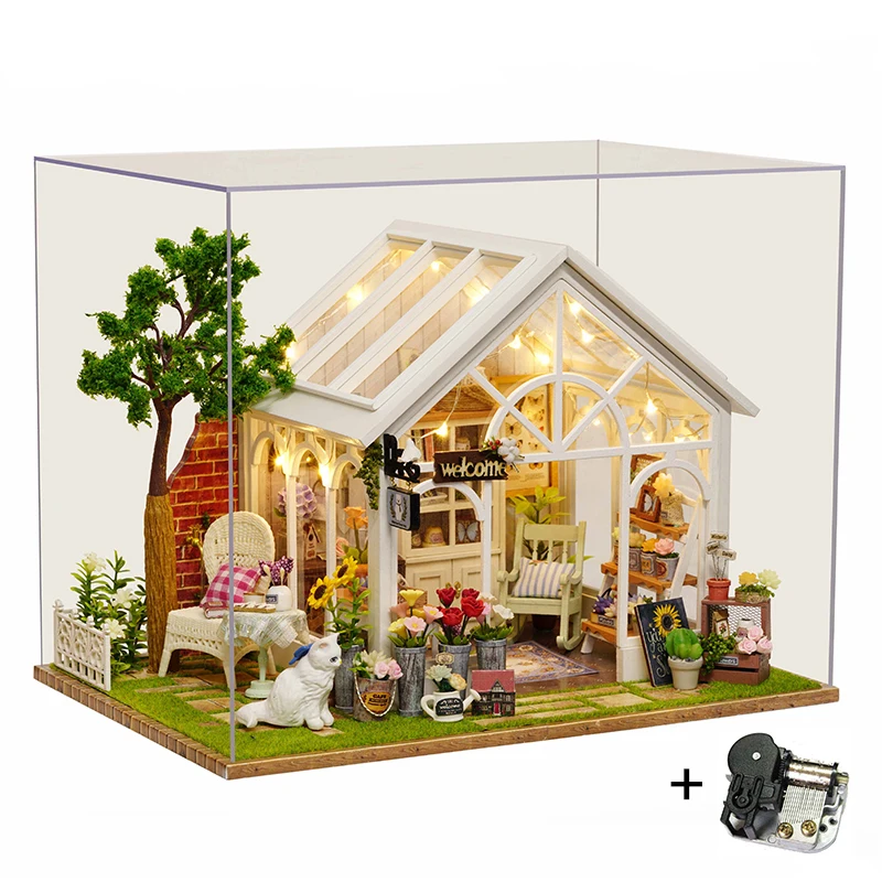 Солнечный свет теплица цветок магазин DIY кукольный домик с музыкальным покрытием светильник 3D Деревянный Миниатюрный Кукольный дом мебель собрать игрушки подарок - Цвет: A063-C