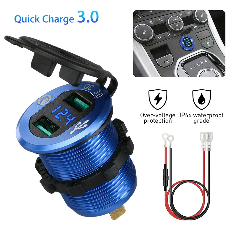 5V 3A Dual USB Car Charger QC 3.0 Cigarette Lighter Socket Splitter Quick Charger Power Adapter Outlet 10A Fuse Metal DC 12V/24V