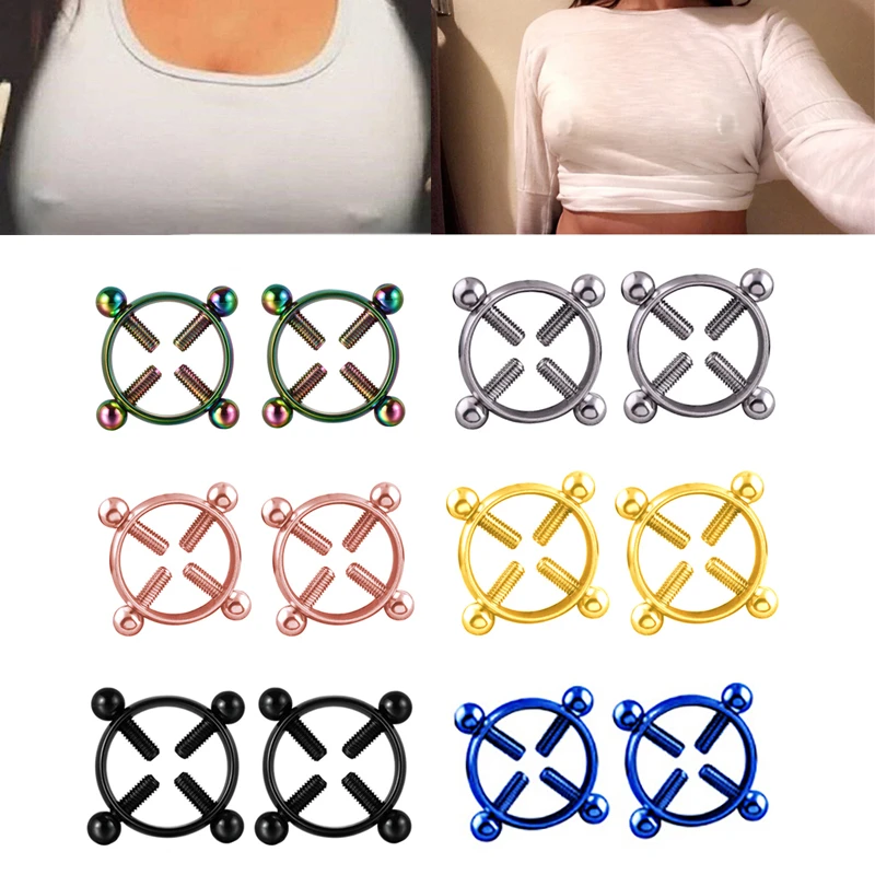 2pcs Fake Nipple Ring Non Piercing Breast Nail Screw Shield Stainless