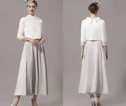 Two Piece Mother of the Bride Dress Elegant Wedding Party Gown Jewel Neck Ankle Length Satin Sleeve with Bow Robe De Soriee