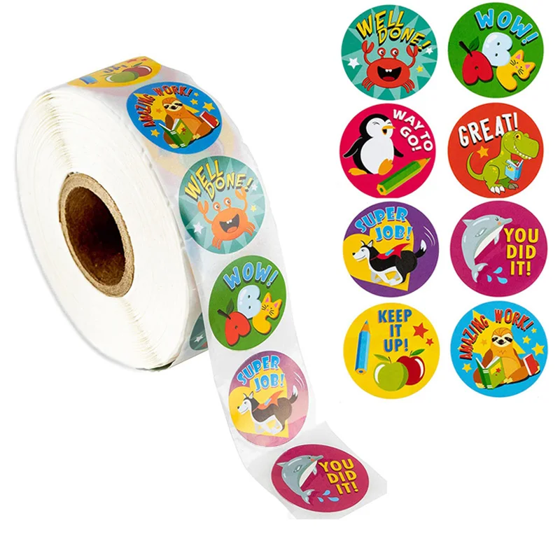 

500pcs Reward Stickers Encouragement Sticker Roll for Kids Motivational Round Stickers with Cute Animals for Students Teachers