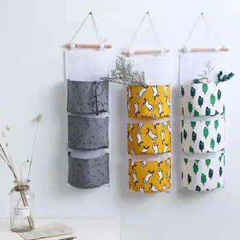 

3 Pockets Cotton Linen Wall Hanging Storage Bags Door Bag Home Storage Pocket Chicken Fish Tree Printing Pattern Hanging Bag