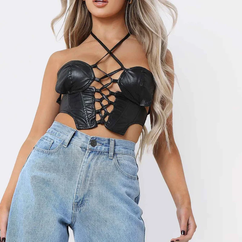 

2022 Summer Ladies Fashion Sexy Punk Black Leather Short Jacket Women's Hollow Halter Camisole Vest Fashion Club Party Wear Vest