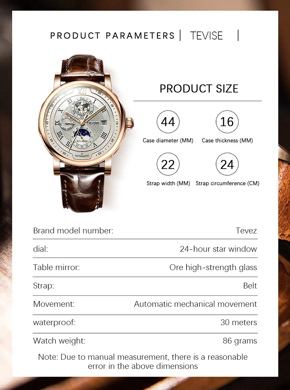 2021 New TEVISE Mens Mechanical Watches Top Brand Luxury Leather Moon Phase Automatic Watch Men Fashion Sport Waterproof Clock