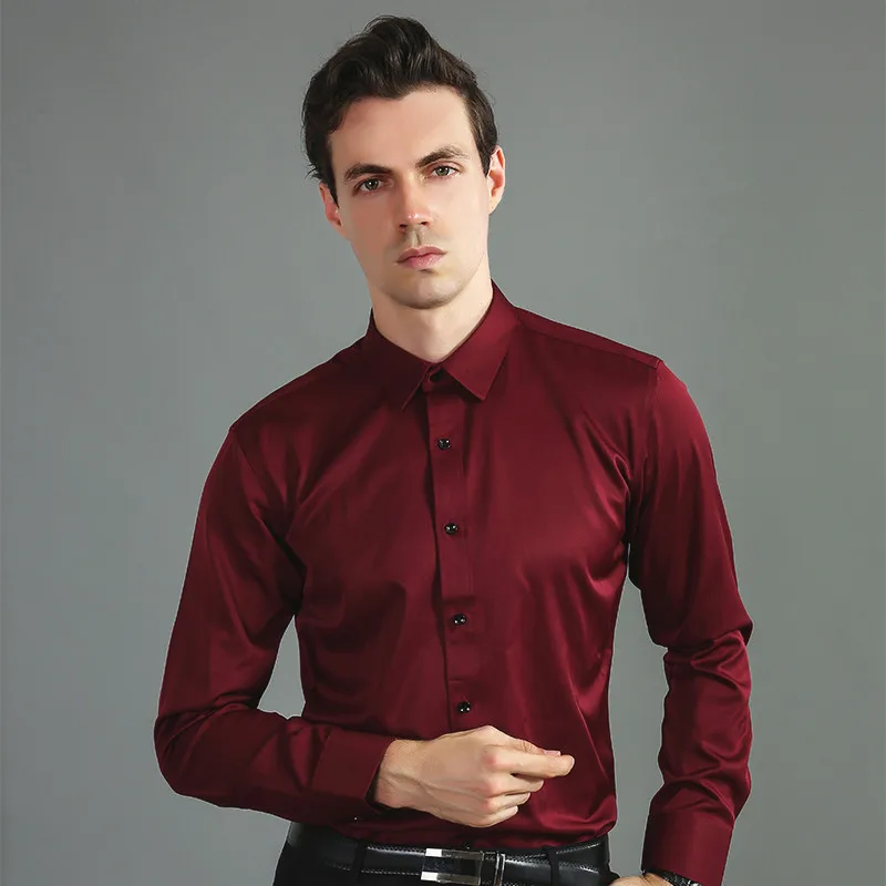 Formal Men Shirt Long Sleeve Elastic Solid Casual Designer Smart Shirts Stretch Slim Fit Camisas Social Purple Male Blouse | Мужская