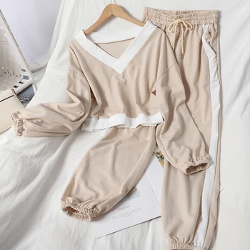 

Autumn Elegant off-Shoulder V-neck Shirt Korean Skinny Harem Pants Stripe Casual Two-Piece Women 2 piece sets womens outfits