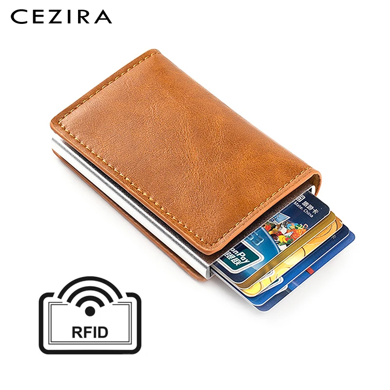 

CEZIR Fashion Business Card Holders Men Women Alloy Credit Card Case Automatic RFID Protector PU Wallet ID Card Purse Anti-thief