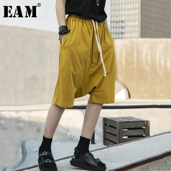 

[EAM] High Elastic Waist Yellow Brief Knee Length Trousers New Loose Fit Pants Women Fashion Tide Spring Summer 2020 1S674