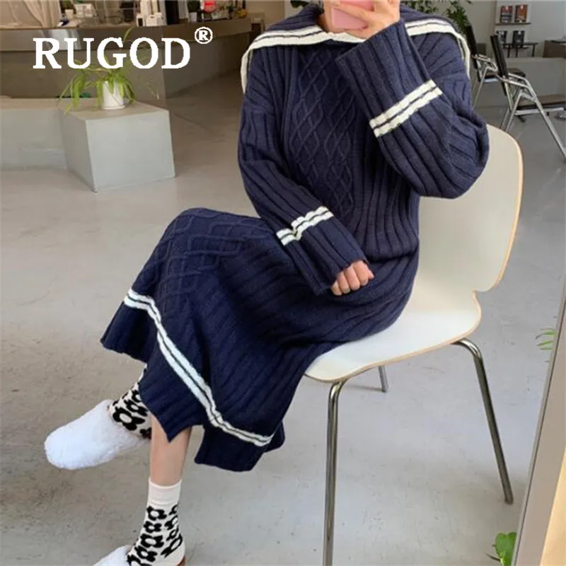 RUGOD, шикарное, простое, ретро, корейское, вязанное, макси платье, специальный воротник, сплошной, полный рукав, Топ для женщин, трикотаж, повседневные, женские платья