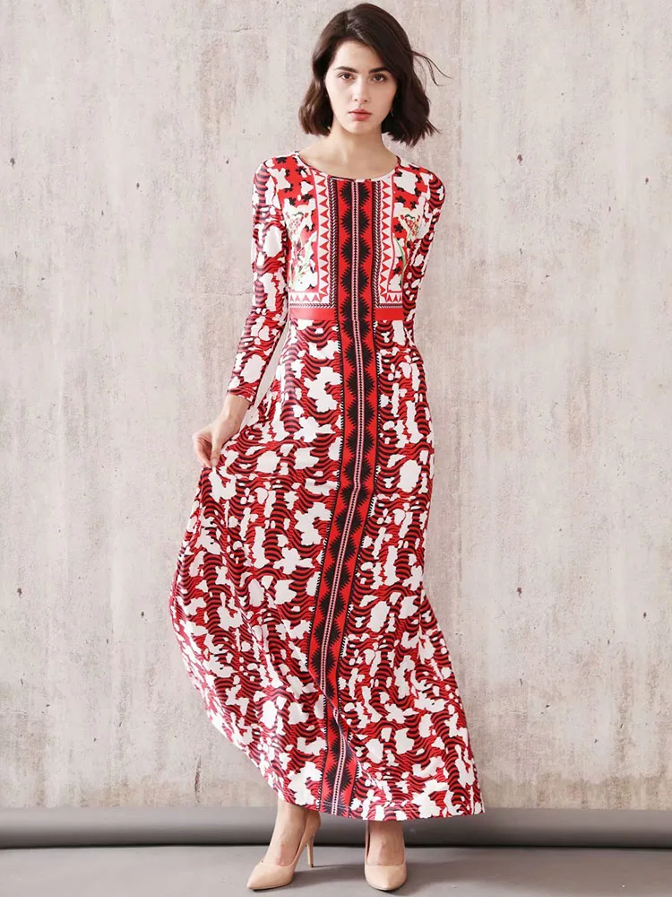 Осеннее Новое богемное Ретро модное темпераментное длинное женское платье с длинными рукавами и круглым вырезом