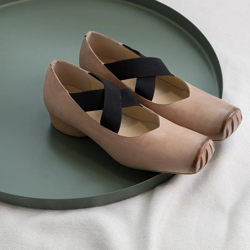 

2019 Spring New Style Literature And Art Retro Ballet Shoes Wax Cowhide Square Head Dance Shoes Chunky-Heel Flat Keel Thin Shoes