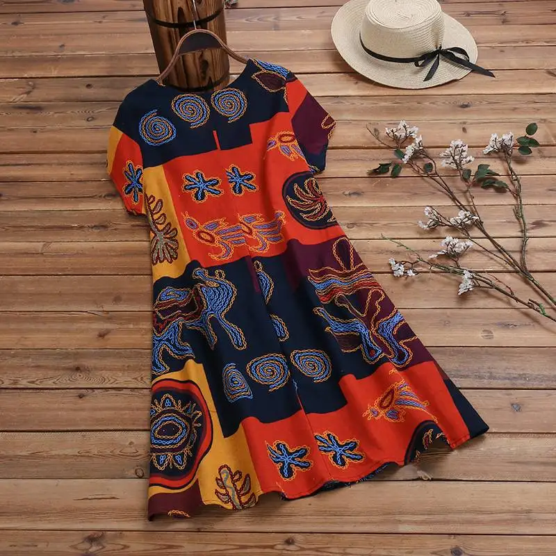 Модное женское льняное платье ZANZEA, винтажное платье с принтом, сарафаны, женское платье с v-образным вырезом и коротким рукавом, туника, халат размера плюс