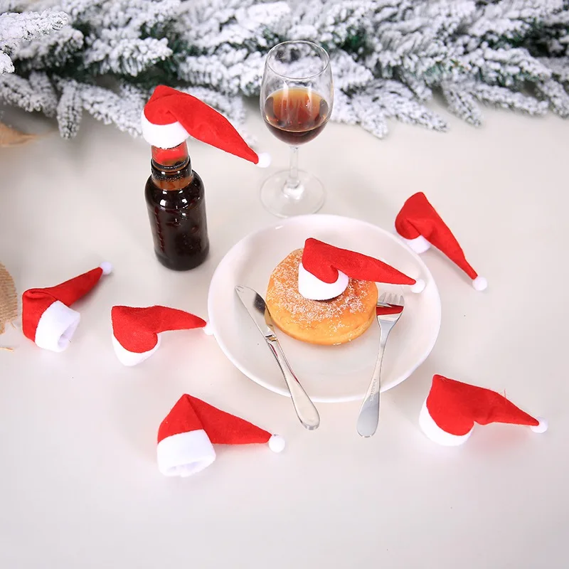 10 шт./партия, мини рождественские шапки, Красная шапка Санта-Клауса, колпачок для бутылки, Рождественское украшение для домашнего ужина вечерние украшения стола