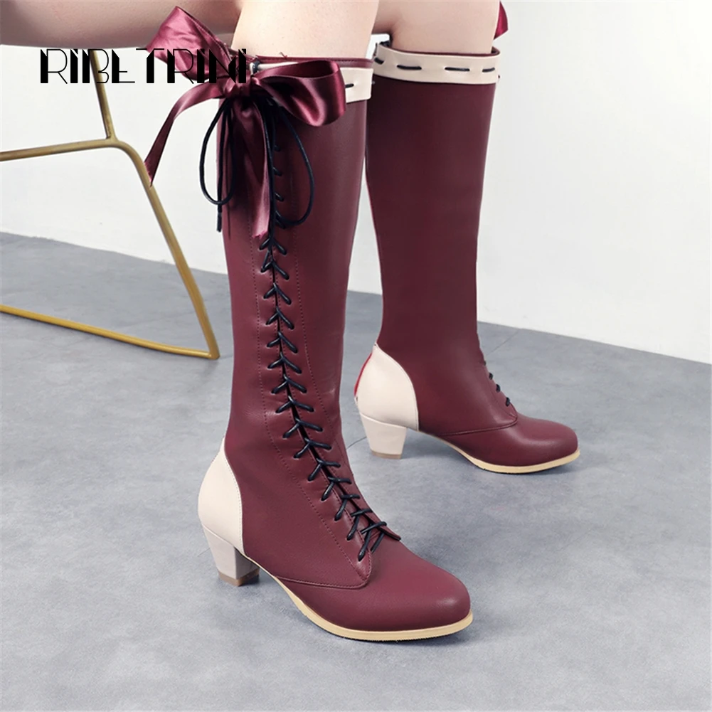 

RIBETRINI Plus Size 33-48 Female Fashion butterfuly-knot Shoes Woman Cool lace-up Knee High Boots Women 2020 Med Heels Boots