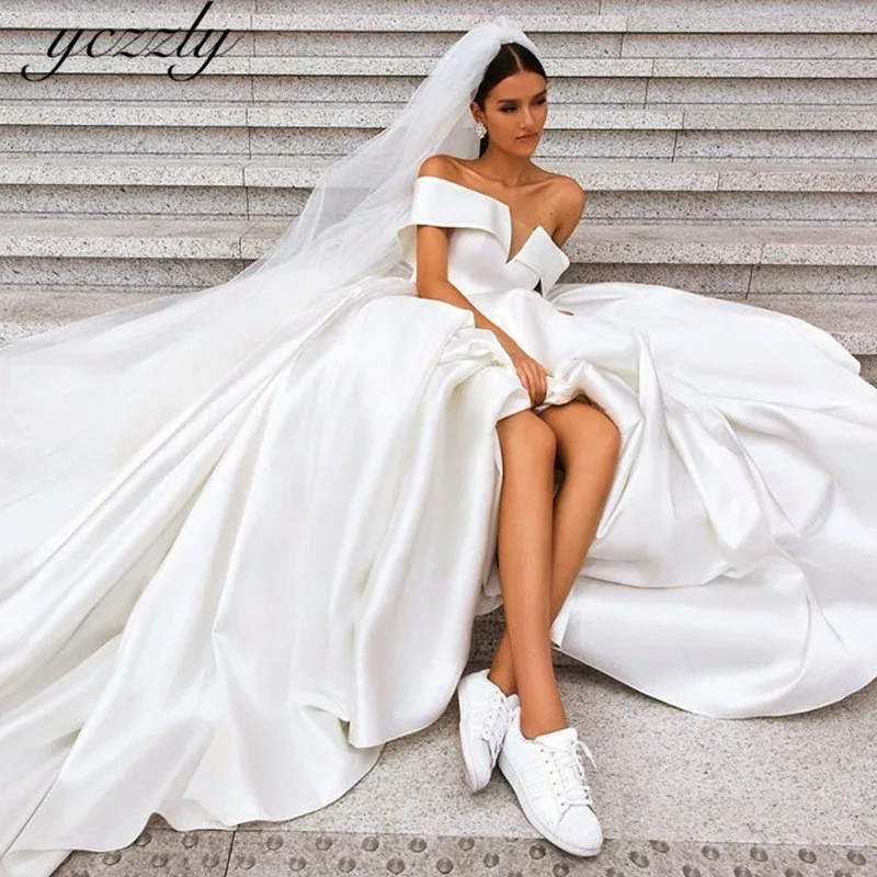 Abiti Da Sposa простое бальное платье с открытыми плечами сатиновое свадебное платье плюс размер Королевское свадебное платье принцессы длинное свадебное платье
