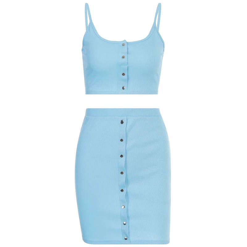 Hugcitar 2020 sleeveless buttons sexy crop top skirt 2 pieces set summer women fashion streetwear outfits tracksuit
