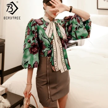 

2020 Spring New Women's Suits Puff Sleeve Printed Bow Blouse And Slim High Waist Mini Skirt Fashion Two Pieces Set S01301O