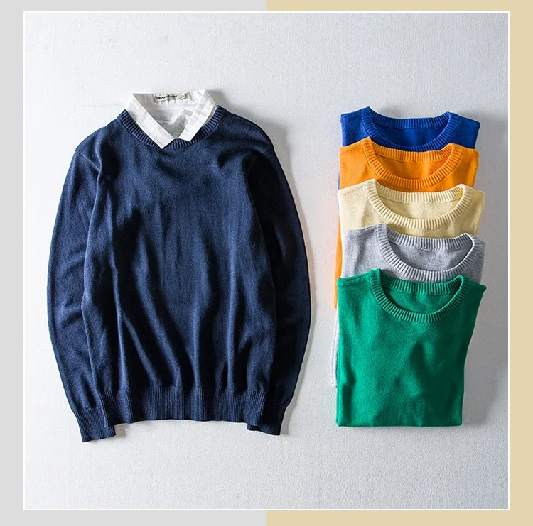 Зимний мужской вязаный свитер с круглым воротником из чистого хлопка, облегающие топы, Модный пуловер, свитер, свободные однотонные свитера