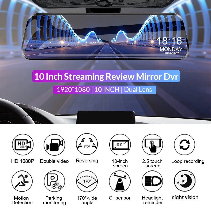  E-ACE Car Dvr Camera 10 Inch Streaming RearView Mirror Dash Cam FHD 1080P Auto Registrar Video Reco