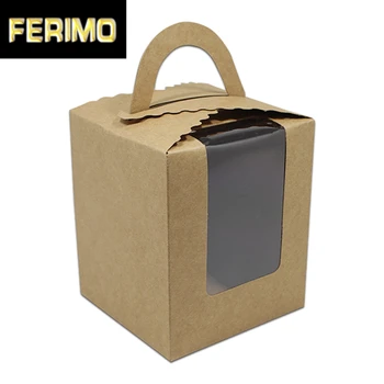 

25pcs/Lot Retro Kraft Paper Christmas Package Box W/ Plastic Window Cupcake Craft Gifts Packaging Cardboard Handle Box Portable