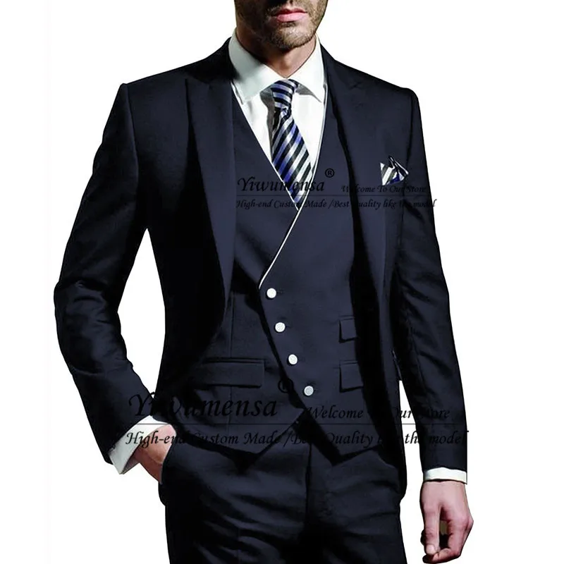 Navy Slim Fit 3 Pieces Wedding Blazer Suits For Man Custom Made Jacket With Pant White Smoking Formal Mens Suit Traje Hombre
