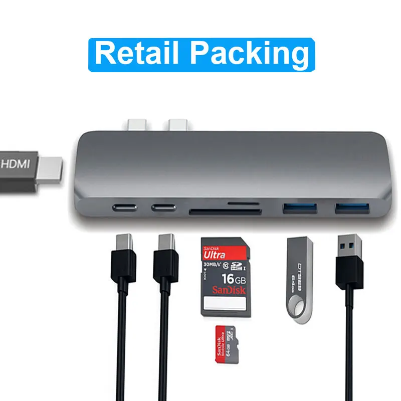 Адаптер Thunderbolt 3 USB 3,1 type-C концентратор к HDMI 4K USB C концентратор с концентратором 3,0 TF sd-ридер слот PD для MacBook Pro/Air USB-C - Цвет: Original Box-Gray