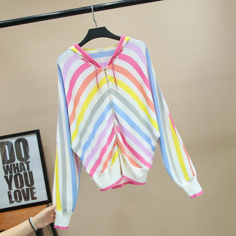 

Short Knitted Sweater Cardigan Coat Women 2020 Spring and Summer New Rainbow Striped Bat Sleeve Casual Hooded Knitted Cardigan