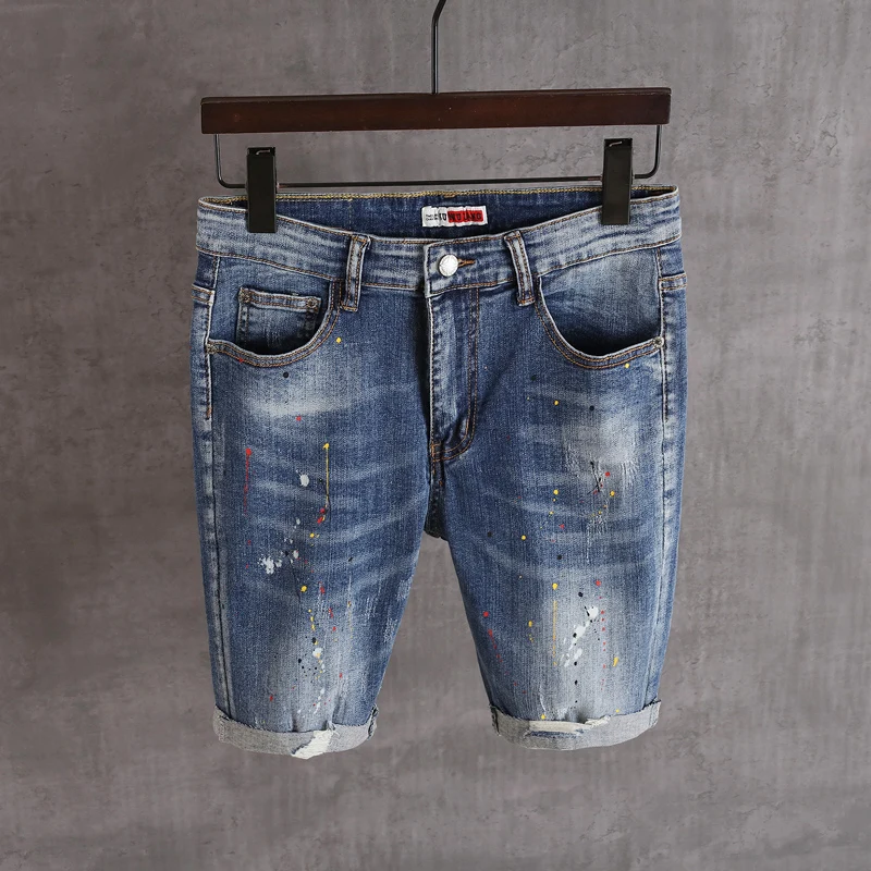 

2020 Newly Fashion Summer Men Jeans Blue Color Straight Fit Paint Designer Ripped Short Jeans Men Hip Hop Denim Shorts Hombre