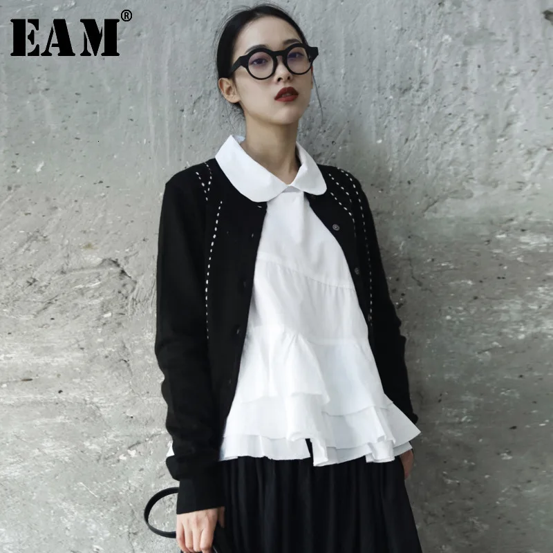 ^*Best Offers [EAM] Black Line Split Knitting Sweater Cadigan Loose Fit Round Neck Long Sleeve Women New Fashion Autumn Winter 2020 JR500