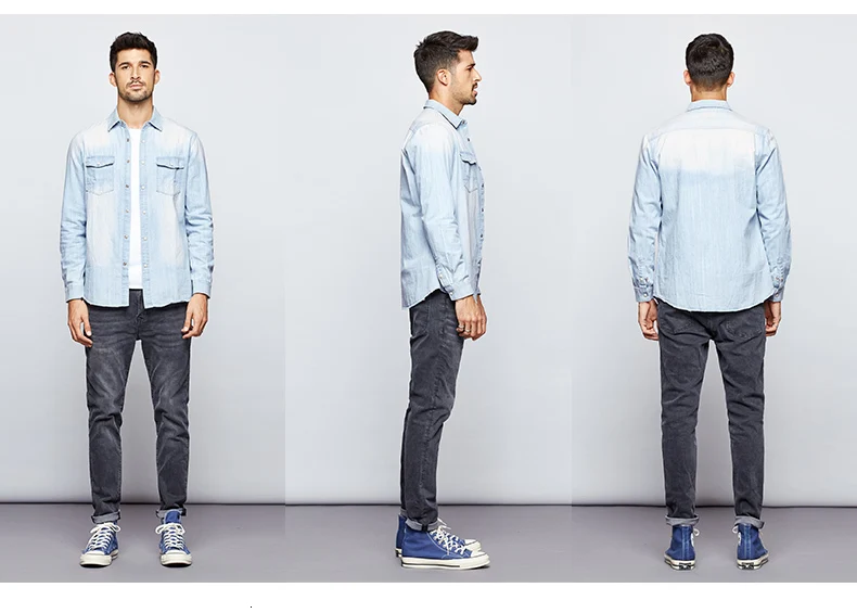 KUEGOU Осенняя хлопковая джинсовая рубашка с карманами, мужская повседневная приталенная рубашка с длинным рукавом, модная брендовая блуза 6211