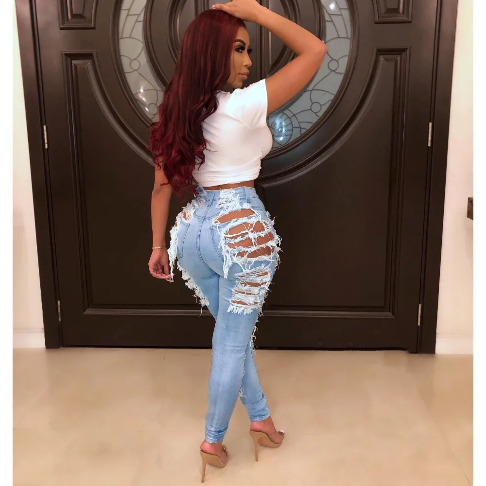 High Street Ripped Hole Jeans Women's Destroyed High Waist Distressed Slim Denim Jeans Sexy Skinny Pencil Pants Summer Pants (4)
