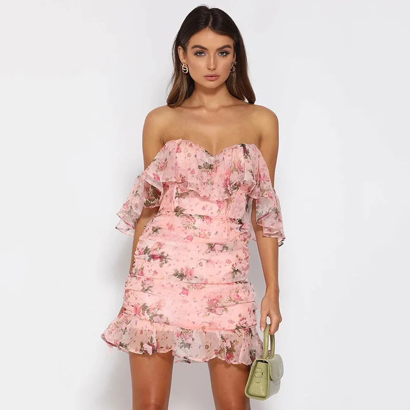 Chiffon Ruffles Sundress Women Elegant Off Shoulder Bandage Dress Sexy Floral Print Summer Beach Backless Dresses Pink Bohemia | Женская