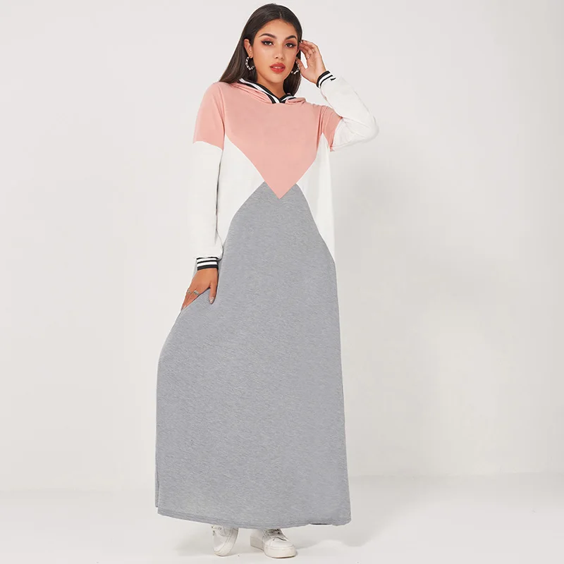 Hooded Dress Drawstring Long-Sleeve Womens Stitching Webbing Casual MAI FUN