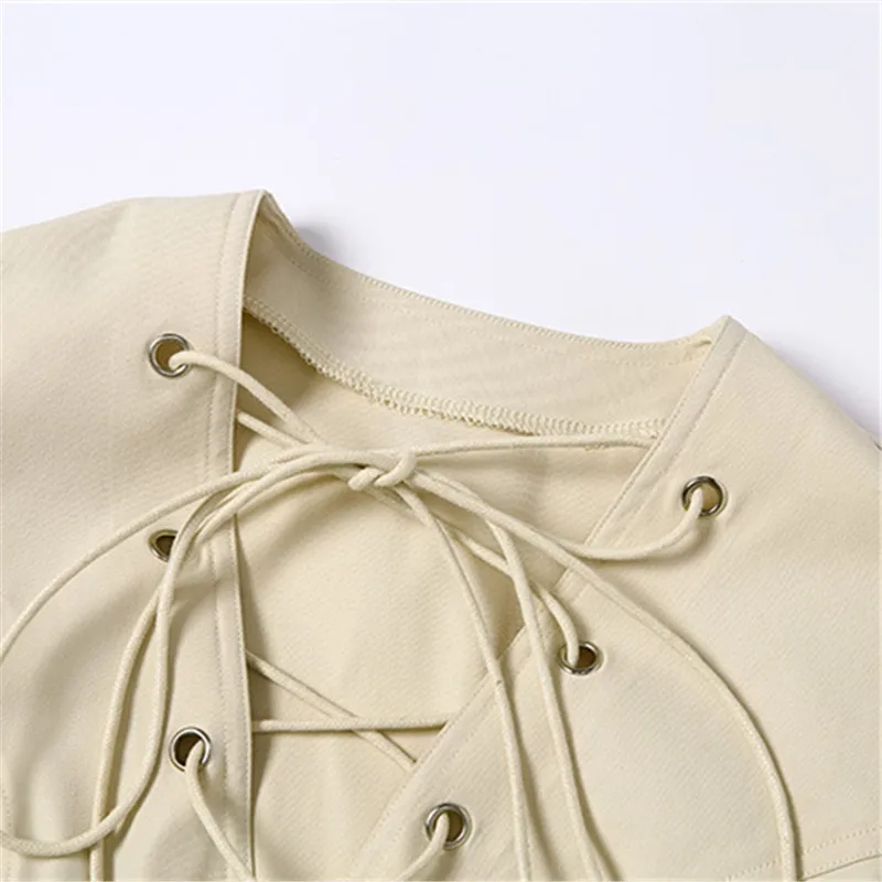 Elegant Puff Sleeve Hip Package Khaki Dress Women Sexy V Neck Criss Cross Bandage Outfits Street Fashion Mini Vestidos