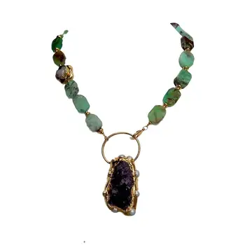 

Natural Green Chrysoprase Necklace Purple Amethyst Cluster Pendant 18.5"
