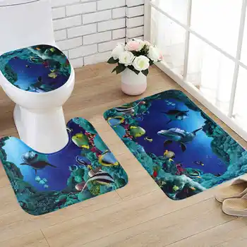 

1 set Bath Bathroom Non-Slip Blue Deep Sea Dolphin Pedestal Floor Rug + Lid Toilet Cover +Bath Mat for Bathroom Decor