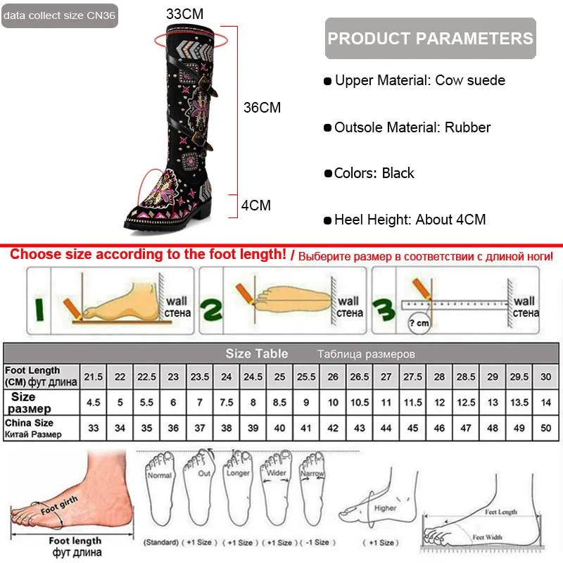 Phoentin ethnic knee high boots women embroidery mid heels shoes female zipper closure narrow band decoration black FT808
