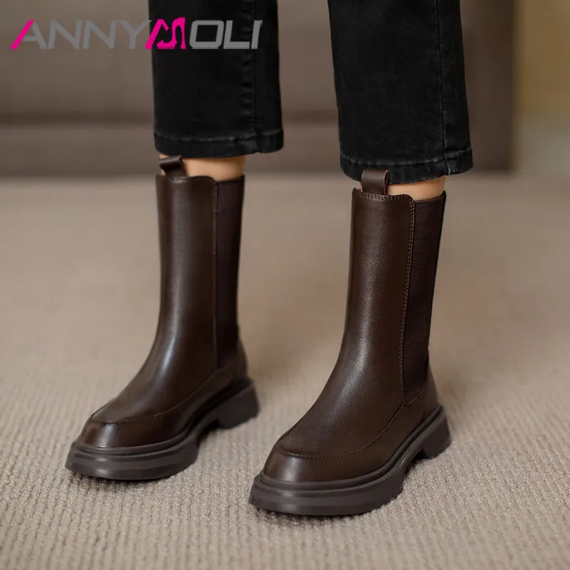 

ANNYMOLI Real Leather Flats Platform Mid Calf Boots Women Chelsea Boots Shoes Slip On Female Boots Autumn Winter Black Size 40