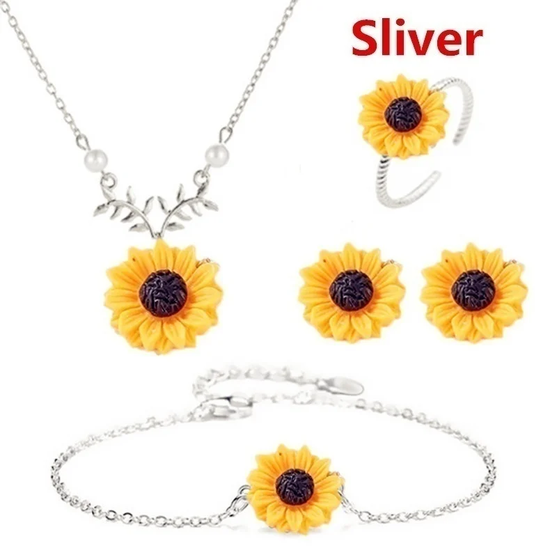 5PCS/Set Necklace Earring Bracelet Ring Set Women Fashion Jewelry Accessories Sunflower Jewelry Gifts Charm Pendant Necklaces