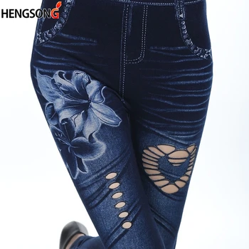 

Plus Size Women Jeans Leggings Fashion High Waist Leggings Female Flowers Print Ankle-Length Leggings Pants Hollow Denim Leggins
