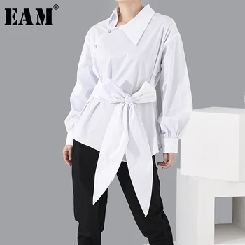 

[EAM] Women White Bandage Bow Temperament Blouse New Lapel Long Sleeve Loose Fit Shirt Fashion Tide Spring Autumn 2020 1C11500S
