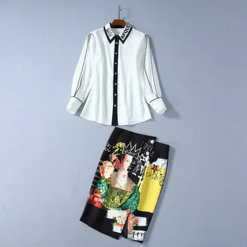 

Winter 2019 collection for European and American women Long-sleeved white shirt Print irregular skirt Fashion suits