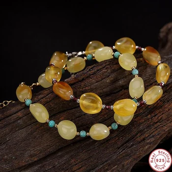 

2019 Bracelet 100% Real 925 Sterling Silver Jewelry For Women Men Mosaic Natural Beeswax amber Turquoise bracelets & bangles