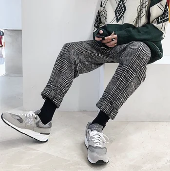 

Men's trousers 2019 autumn winter new slim solid color plaid printed trousers loose casual fashion personality youth men's wear