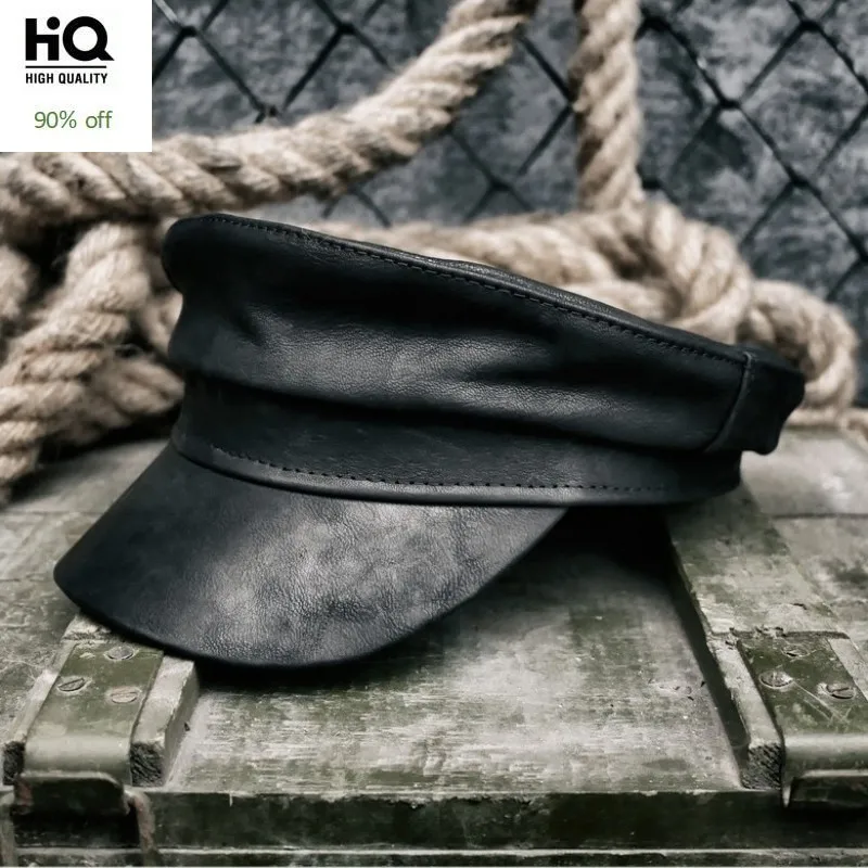 

Luxury Men Sheepskin Genuine Leather Flat Cap Retro Military Hat Boina Fashion Winter Man Leather Reggae Beanie Motor Biker Cap