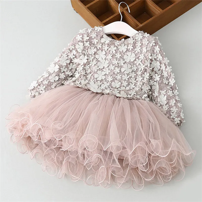 Cute Toddler Kids Long Sleeve Dresses for Girls Autumn Flower Appliques Dress Princess Winter