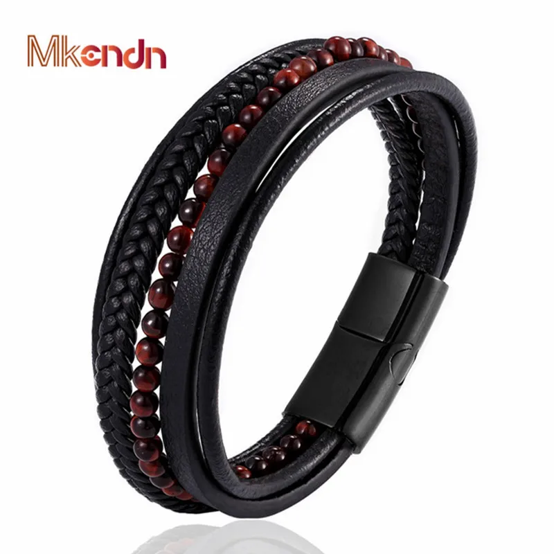 MKENDN Fashion Male Jewelry Braided Leather Bracelet Red Tiger Eye Beads Bracelet Black Stainless Steel Magnetic Clasps Men Wris