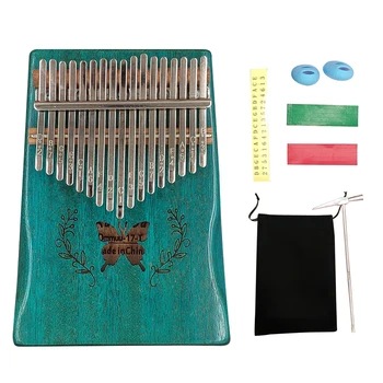 

17 Keys Portable Blue Pattern Acoustic Mahogany Thumb Piano Mbira Solid Wood Keyboard Xmas Gift Toy Set