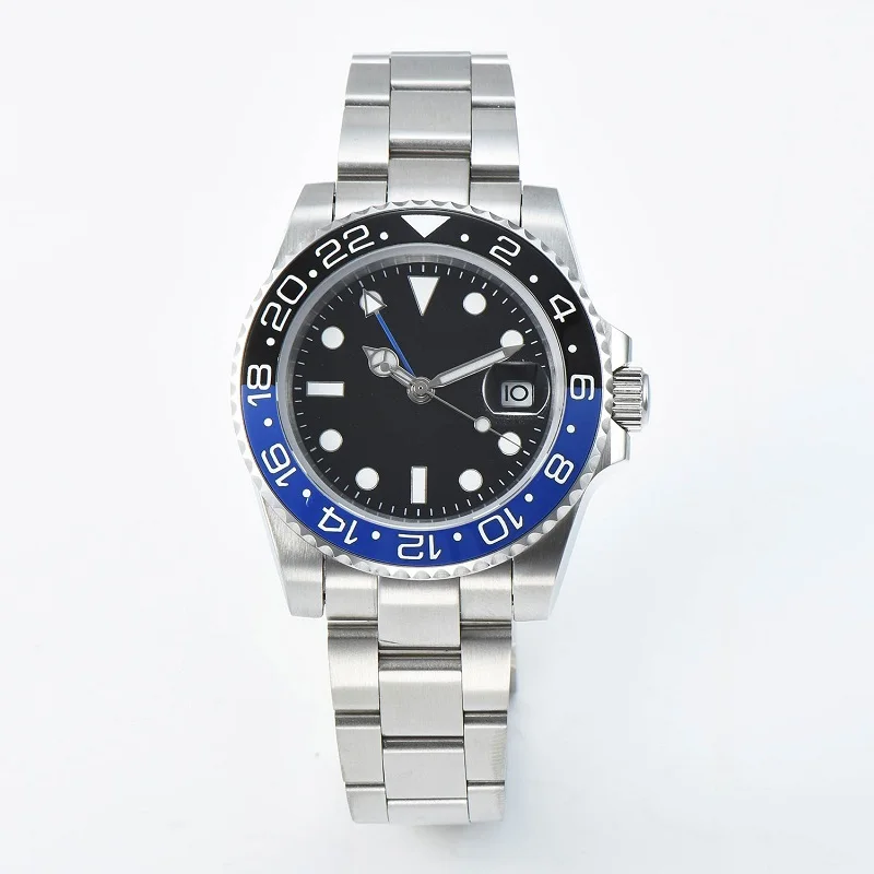 

GMT Men Automatic Mechanical Watch 40mm Black Sterile Dial Sapphire Crystal Black Blue Ceramic Bezel Waterproof 2813 Movement
